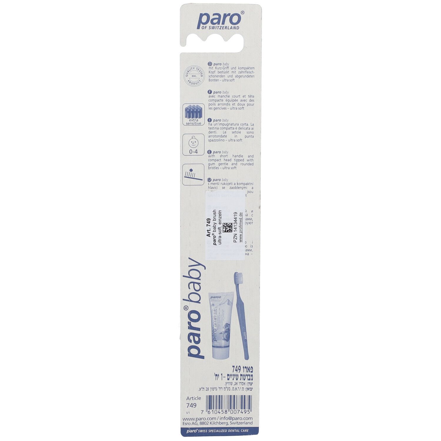 Achterkant van de verpakking met productinformatie en logo: paro baby.