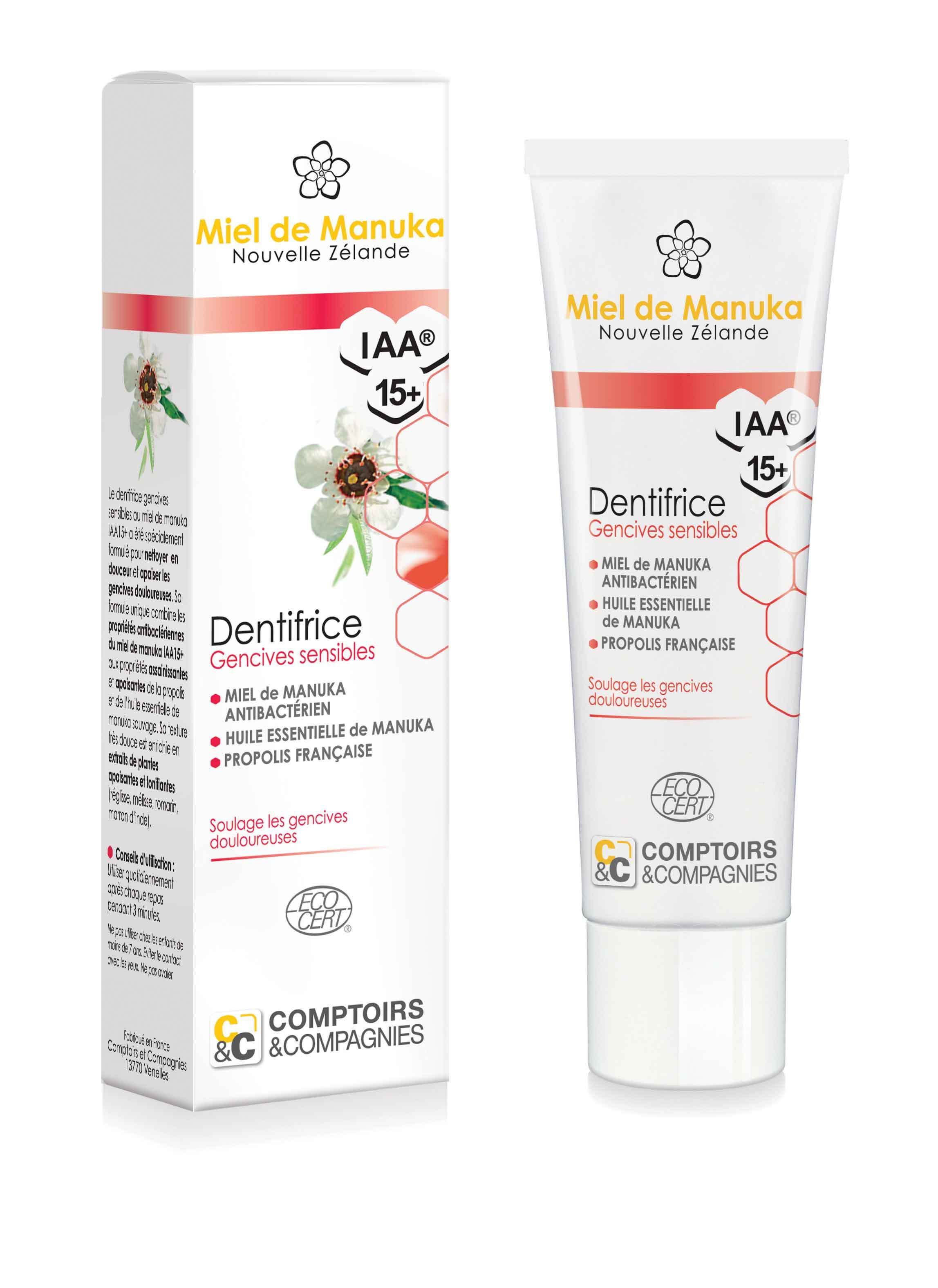 Tube et boîte de dentifrice. Design blanc. Texte: Miel de Manuka, IAA 15+, Dentifrice Gencives sensibles. Certifié.