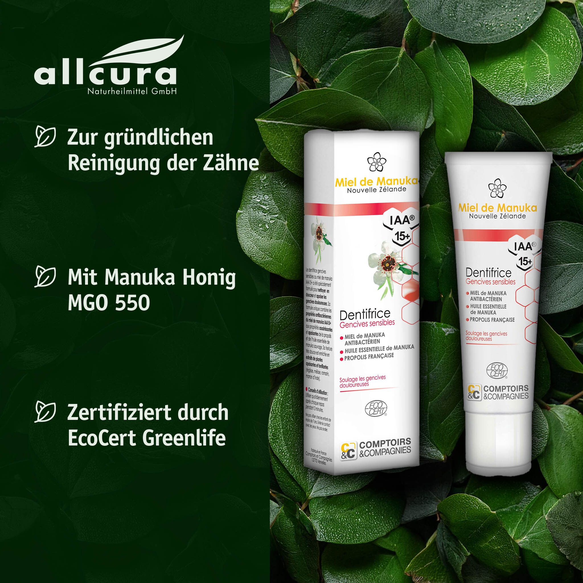 Dentifrice et emballage. Entouré de vert. Texte: Miel de Manuka, IAA 15+, Dentifrice. Certifié EcoCert Greenlife.