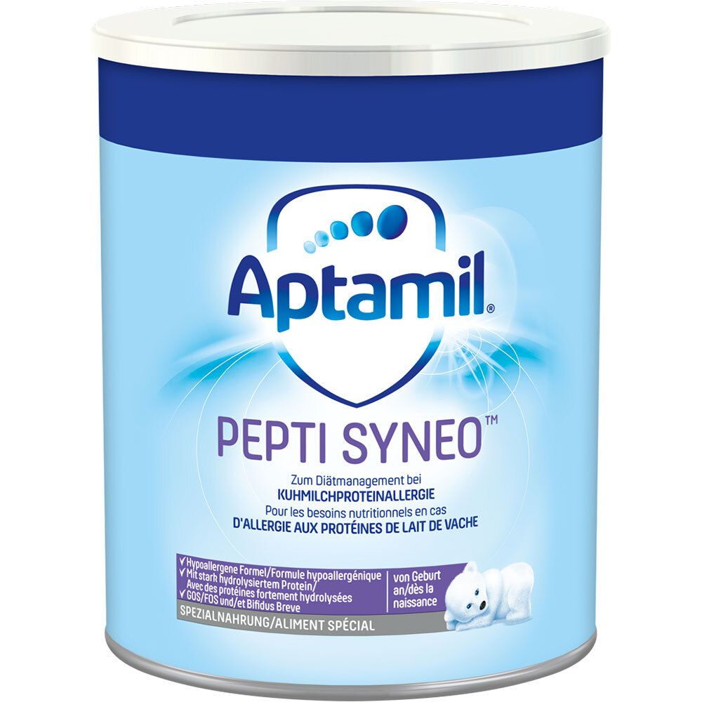 Aptamil Pepti Syneo speciale voeding blik met blauwe en witte belettering.