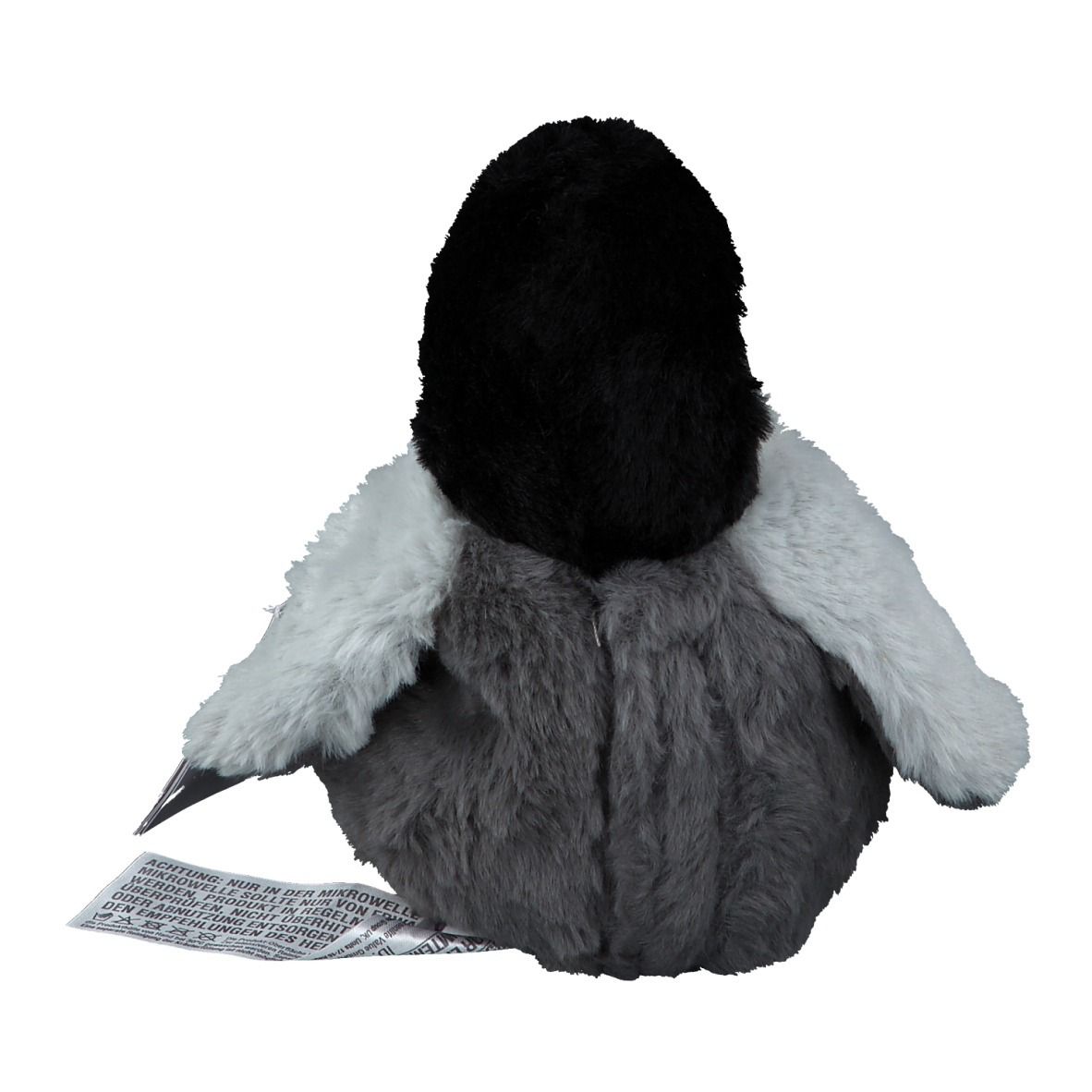 Vue arrière d'une peluche pingouin grise et noire. Petite étiquette en bas.