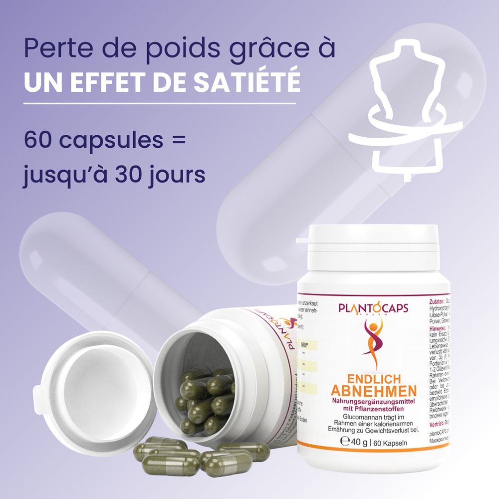 Flacon de 60 gélules, 40g. "plantoCAPS EA" et "Endlich Abnehmen" sont visibles sur l'étiquette.