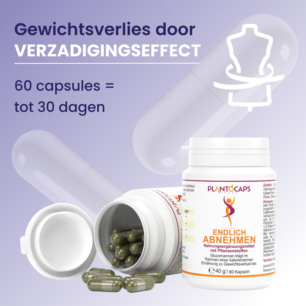 Fles met 60 capsules, 40g. "plantoCAPS EA" en "Endlich Abnehmen" zijn zichtbaar op het etiket.