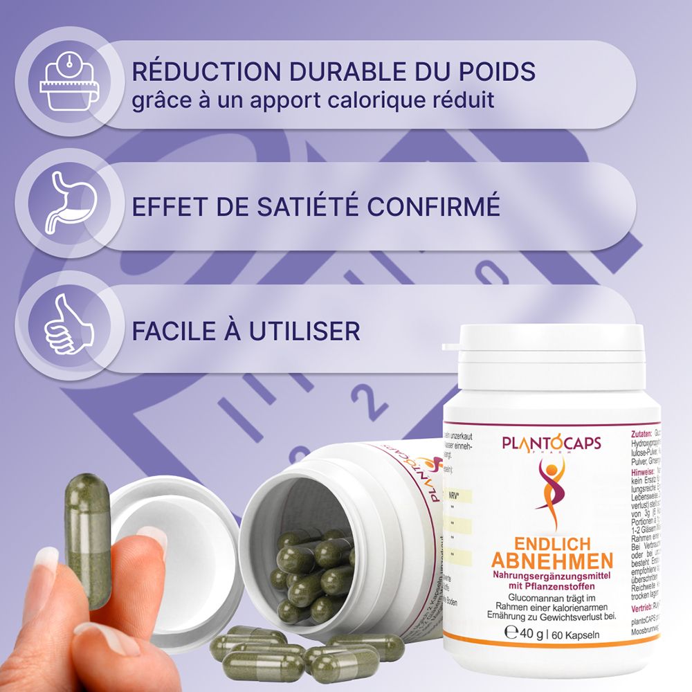 Flacon de 60 gélules, 40g. "plantoCAPS EA" et "Endlich Abnehmen" sont visibles sur l'étiquette.