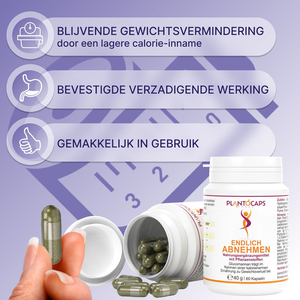 Fles met 60 capsules, 40g. "plantoCAPS EA" en "Endlich Abnehmen" zijn zichtbaar op het etiket.