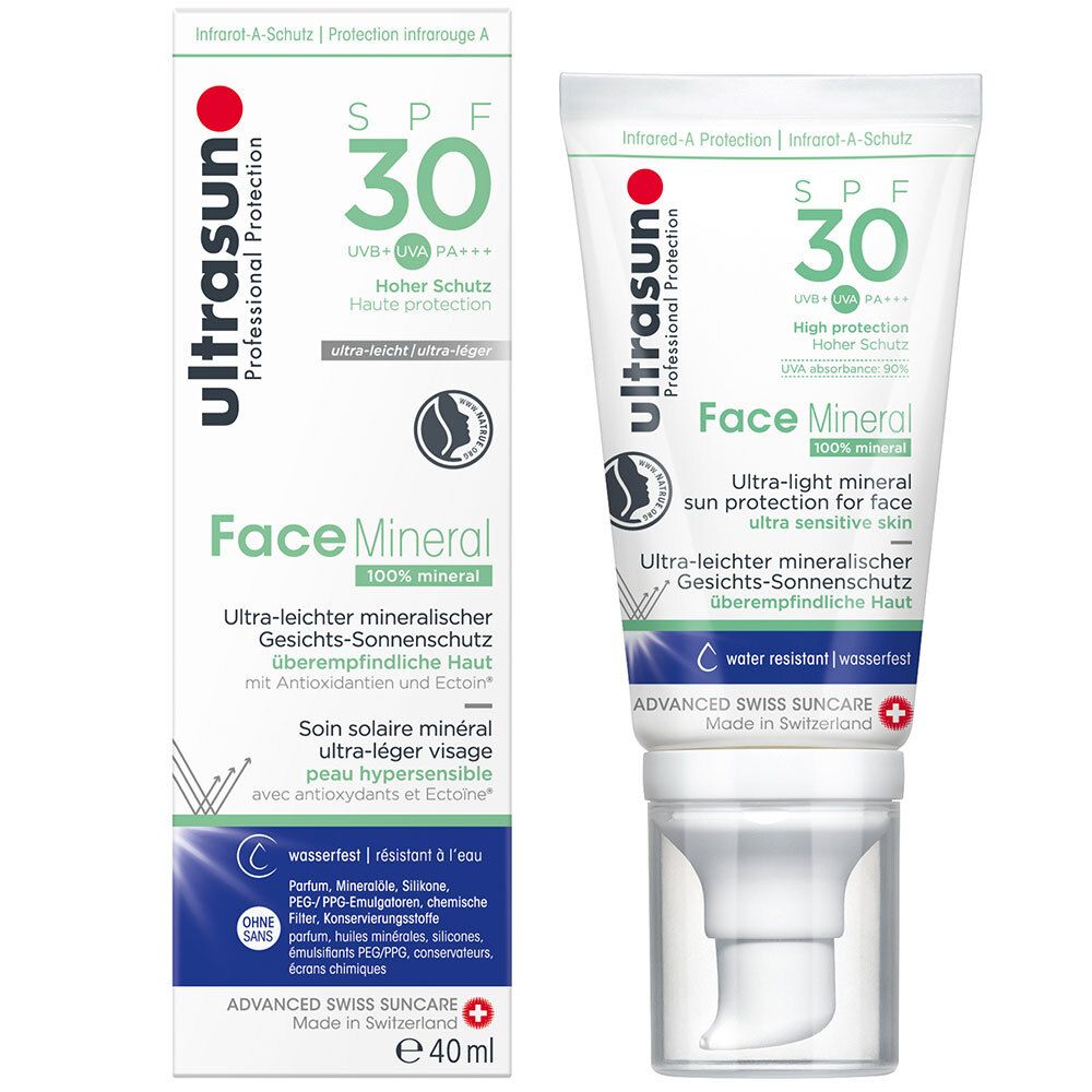 Zonnebrandcrèmetube en -verpakking. Wit, met groene en rode accenten. Opschrift: ultrasun Face Mineral SPF 30.