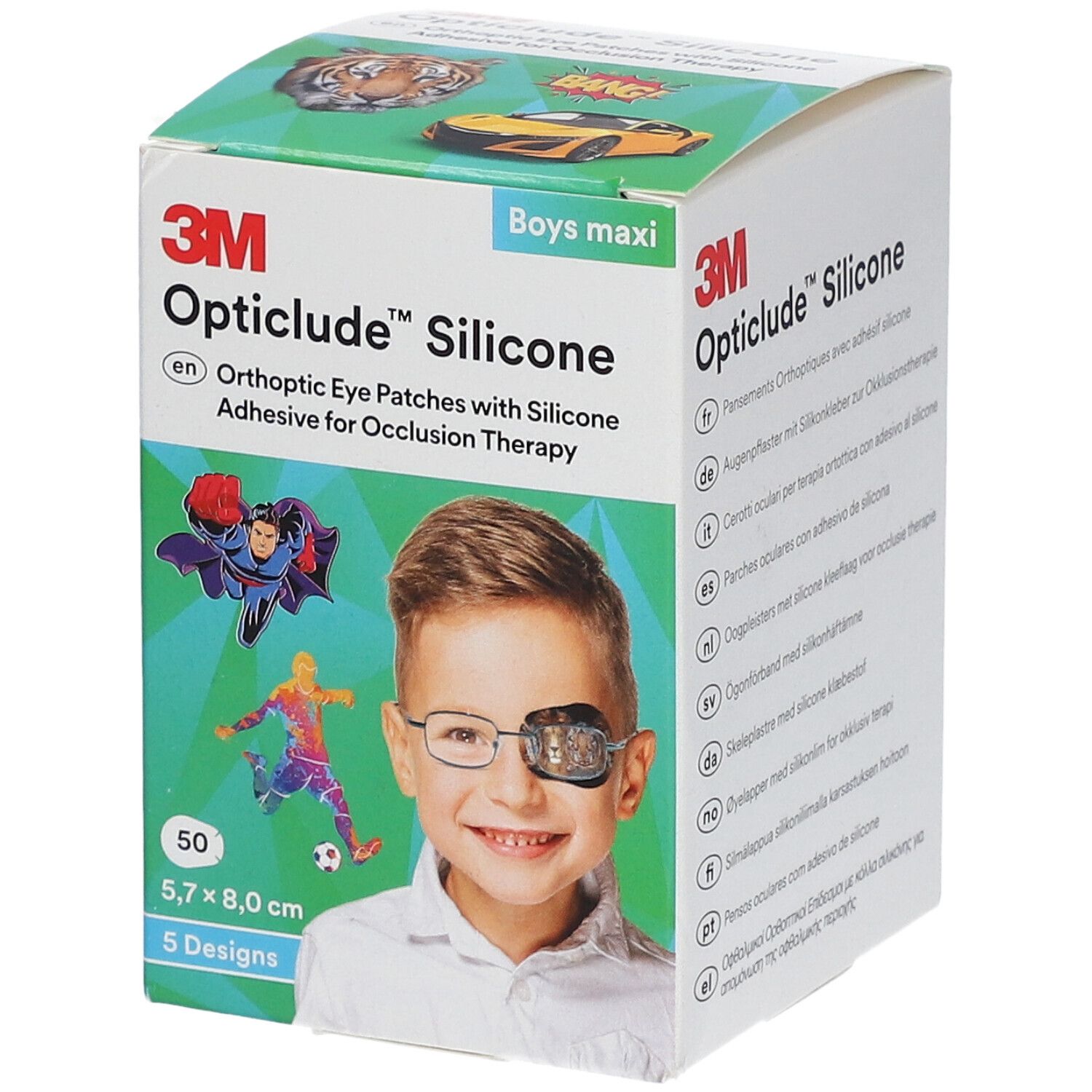 Verpakking Opticlude Silicone oogpleisters, 50 stuks, 5,7 x 8,0 cm. Afbeelding van een jongen met een oogpleister en stripfiguren.