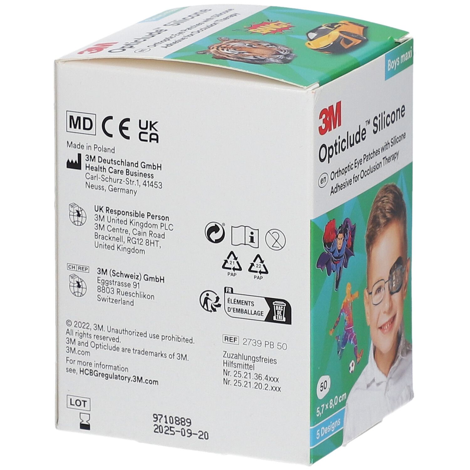 Verpakking Opticlude Silicone oogpleisters. Bevat informatie over fabrikant, certificeringen en houdbaarheidsdatum. Achterkant met stripfiguren.