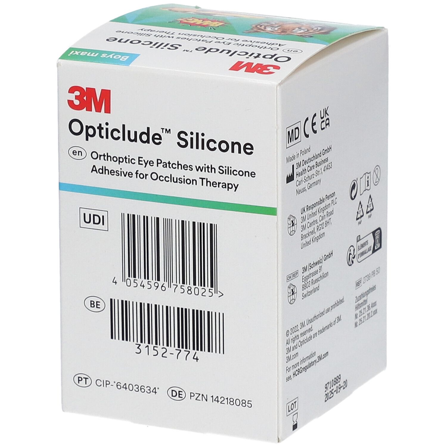 Verpakking Opticlude Silicone oogpleisters. Bevat barcode, UDI-code en fabrikantinfo. Achterkant met stripfiguren.