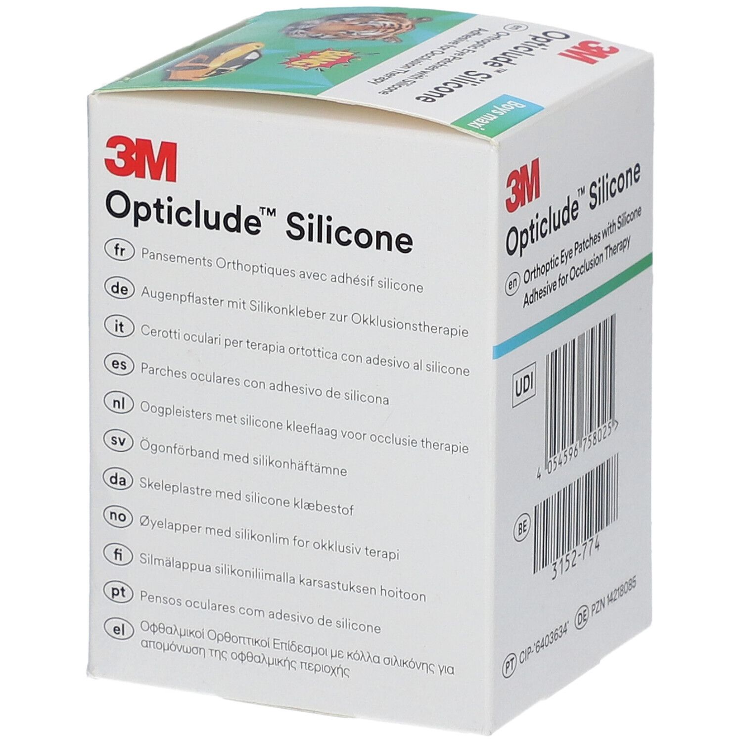 Verpakking Opticlude Silicone oogpleisters. Meertalige productbeschrijving. Bevat barcode en UDI-code.
