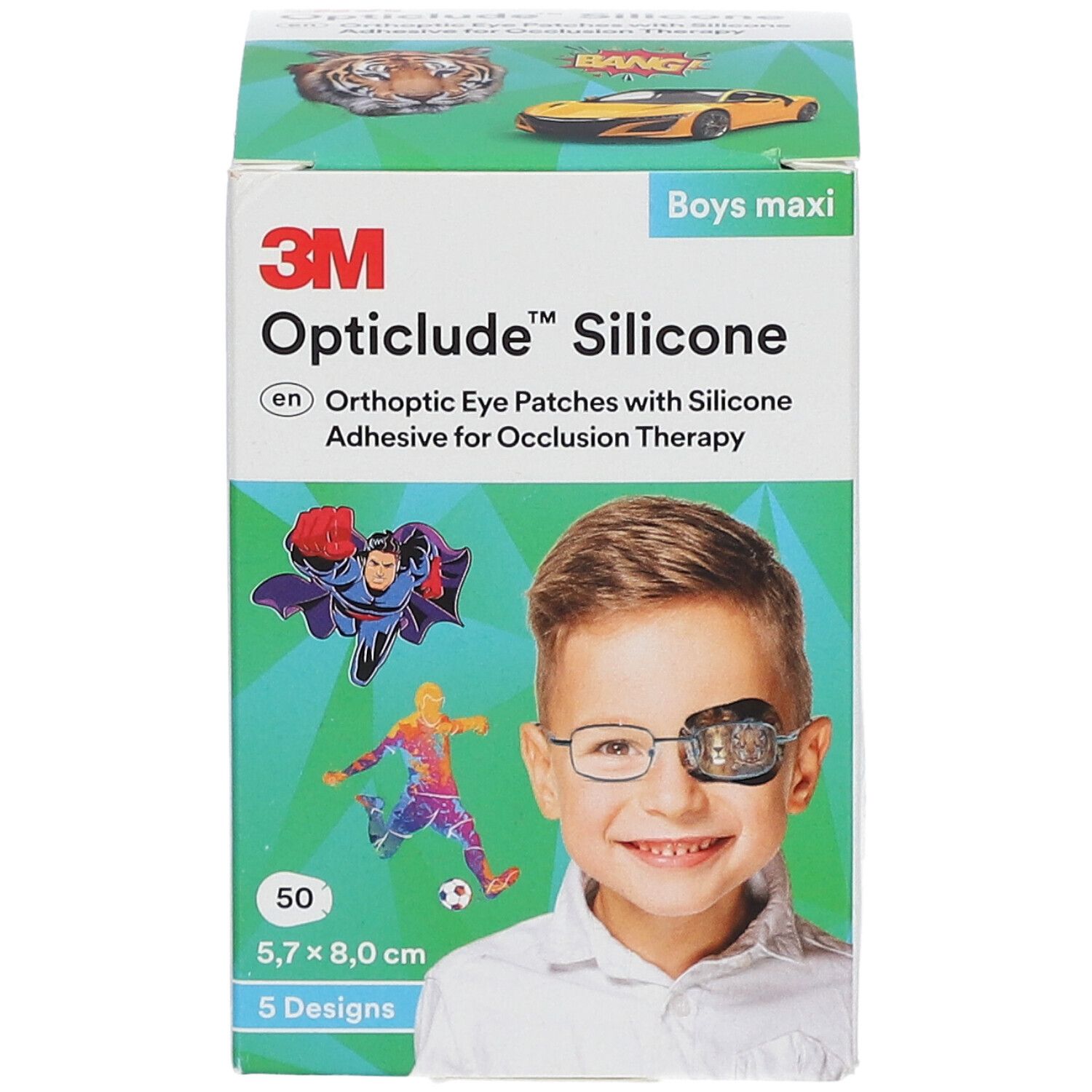 Verpakking Opticlude Silicone oogpleisters, 50 stuks, 5,7 x 8,0 cm. Afbeelding van een jongen met een oogpleister en stripfiguren.