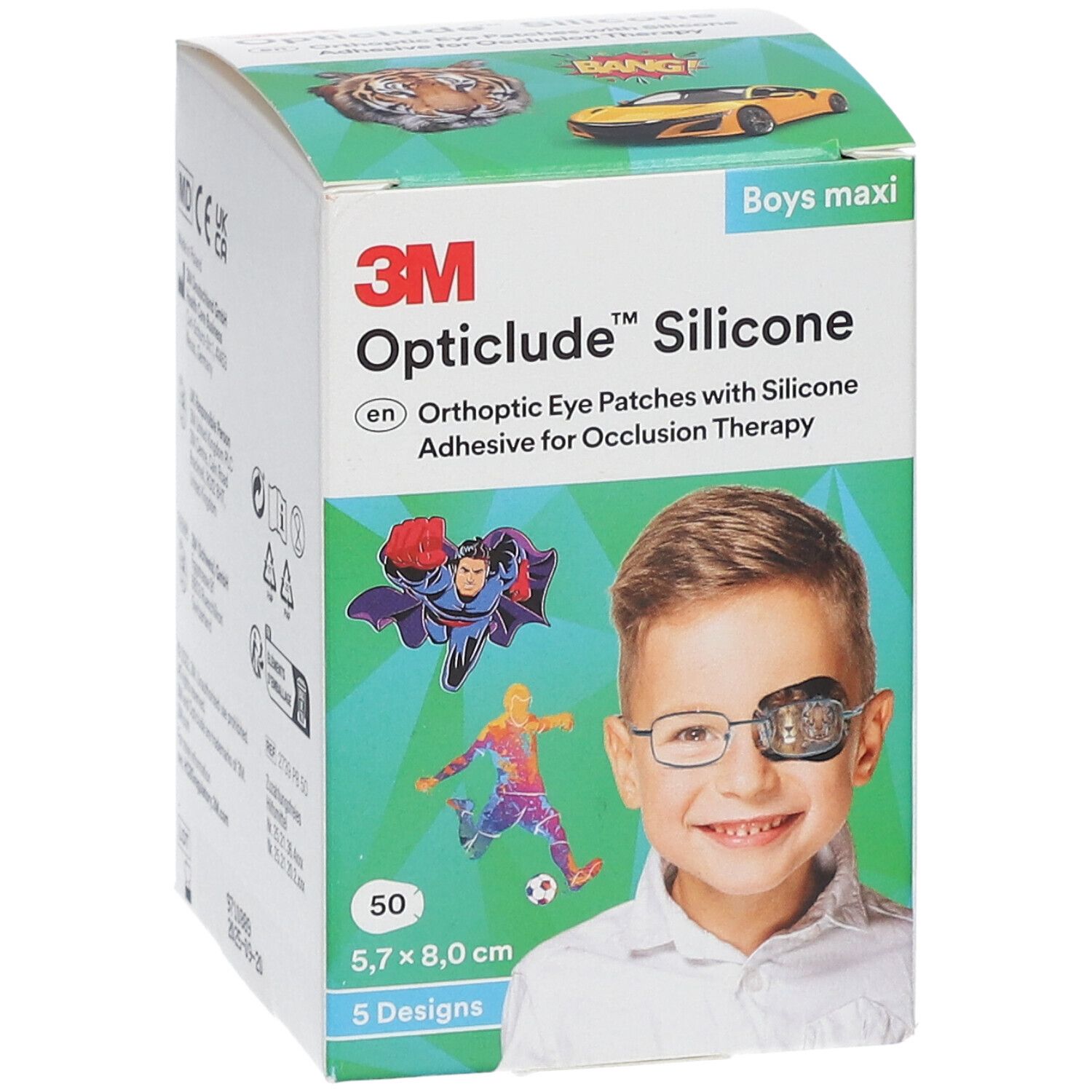 Verpakking Opticlude Silicone oogpleisters, 50 stuks, 5,7 x 8,0 cm. Afbeelding van een jongen met een oogpleister en stripfiguren.