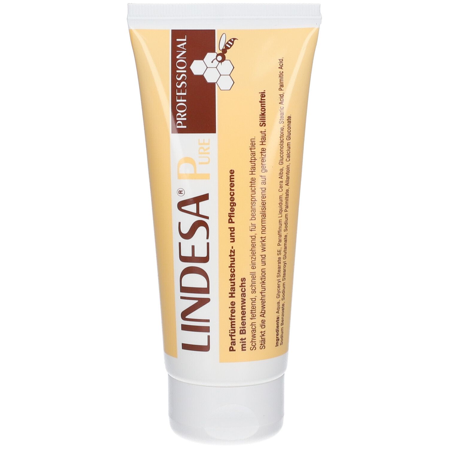 LINDESA® Pure crème tube, geel-wit. Opschrift: PROFESSIONAL, PURE. Tekst: parfumvrij, met bijenwas. Honingraatsymbool.