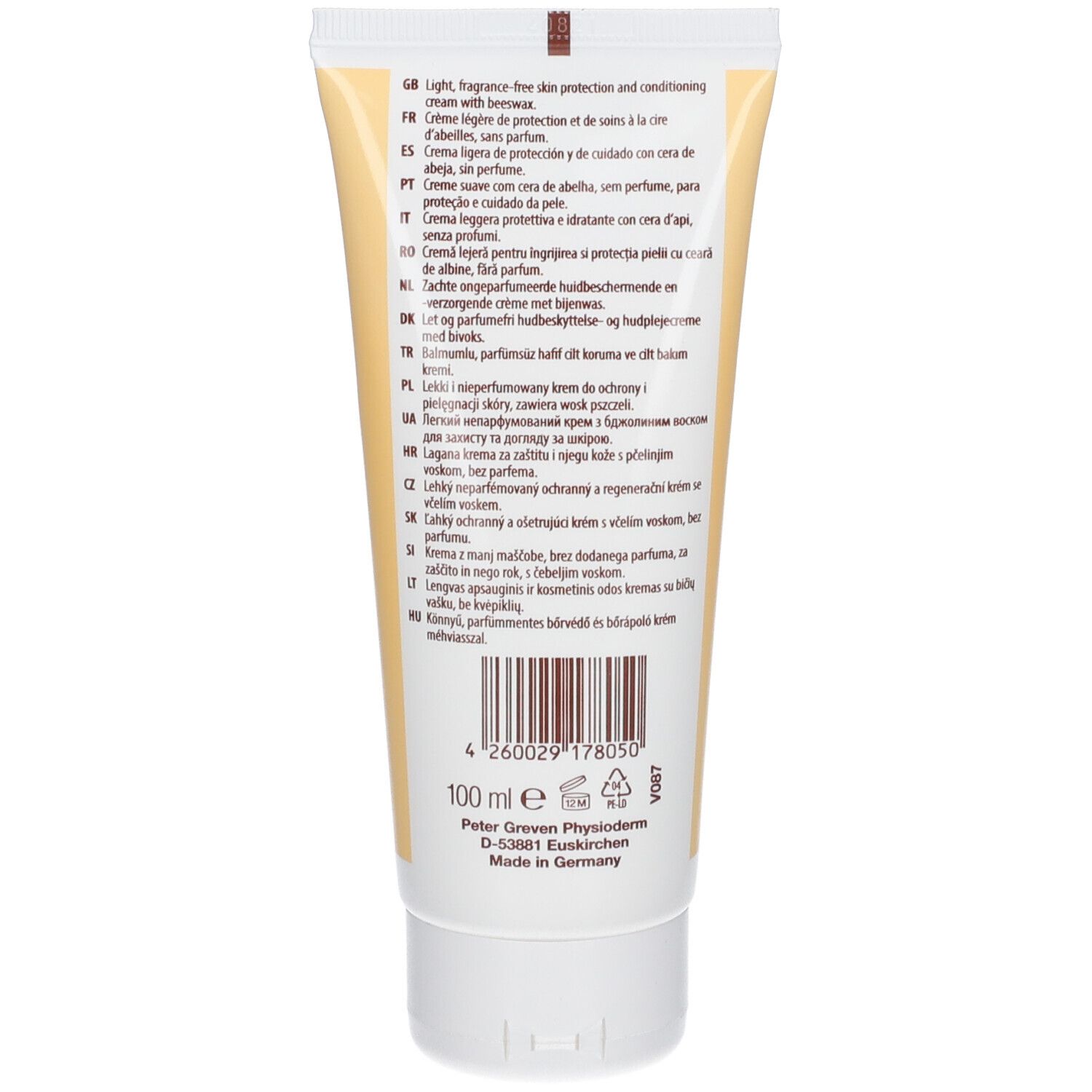 Achterkant van de LINDESA® Pure crème tube. Meertalige tekst: Light, fragrance-free skin protection... 100 ml. Fabrikant: Peter Greven Physioderm.