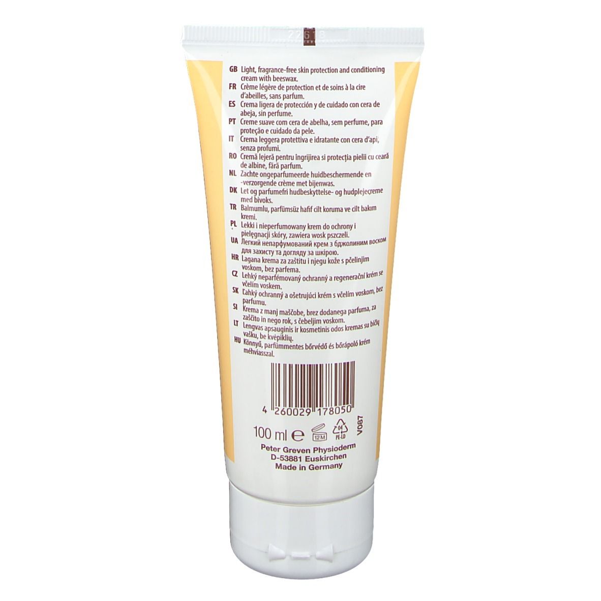 Achterkant van de LINDESA® Pure crème tube. Meertalige tekst: Light, fragrance-free skin protection... 100 ml. Fabrikant: Peter Greven Physioderm.