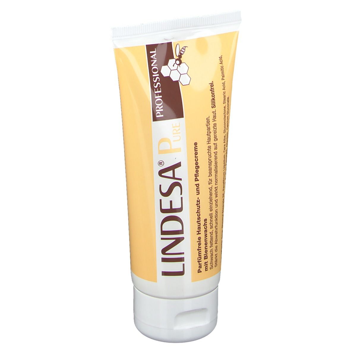LINDESA® Pure crème tube, geel-wit. Opschrift: PROFESSIONAL, PURE. Tekst: parfumvrij, met bijenwas. Honingraatsymbool.