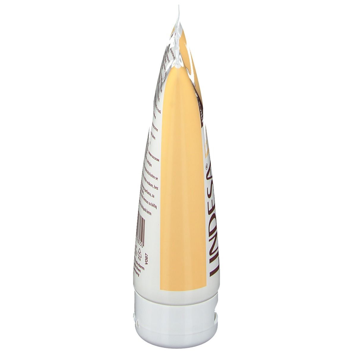 Zijaanzicht van de LINDESA® Pure crème tube. Geel-witte tube, afgeronde vorm. Opschrift: LINDESA® Pure.
