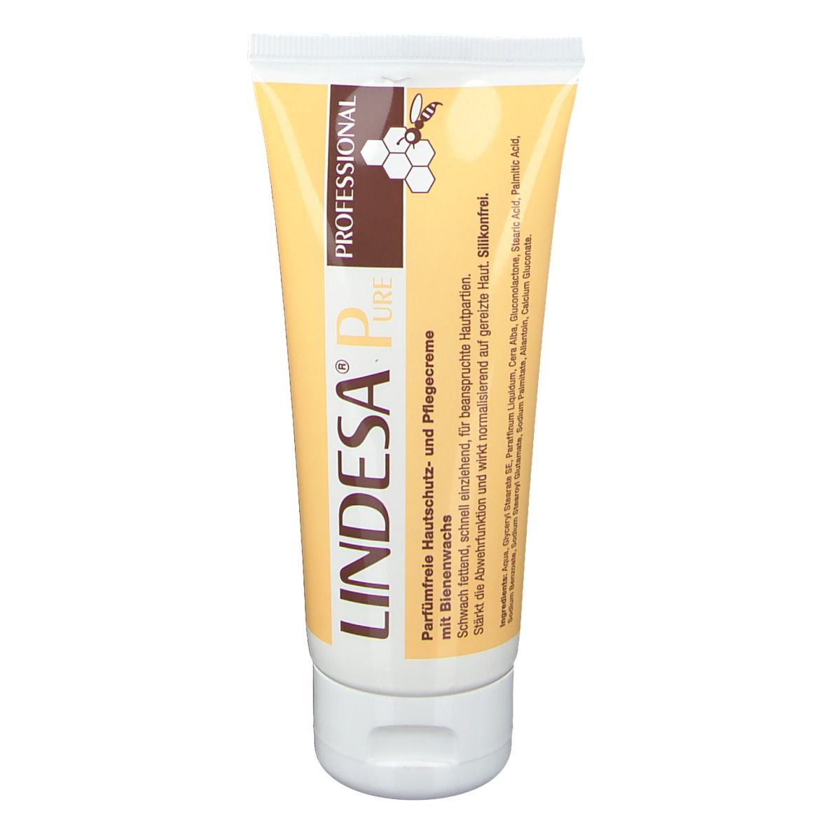 LINDESA® Pure crème tube, geel-wit. Opschrift: PROFESSIONAL, PURE. Tekst: parfumvrij, met bijenwas. Honingraatsymbool.