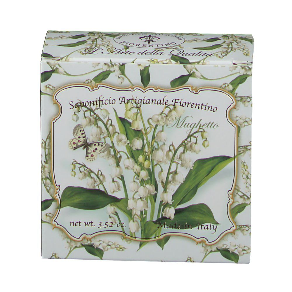 Kartonnen doos met lelietjes-van-dalen-motief. Opschrift: Saponificio Artigianale Fiorentino, Mughetto. Made in Italy.