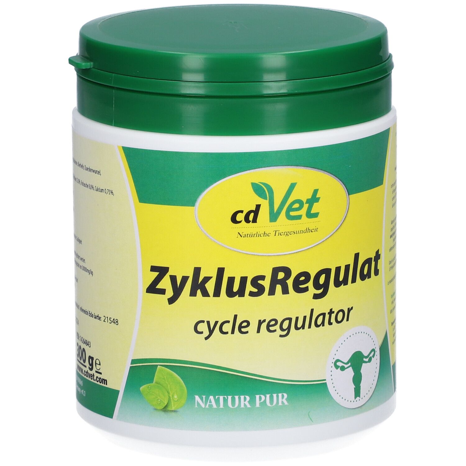 Wit en groene pot met groene deksel. Opschrift: cd Vet ZyklusRegulat, cycle regulator. Logo met baarmoeder.