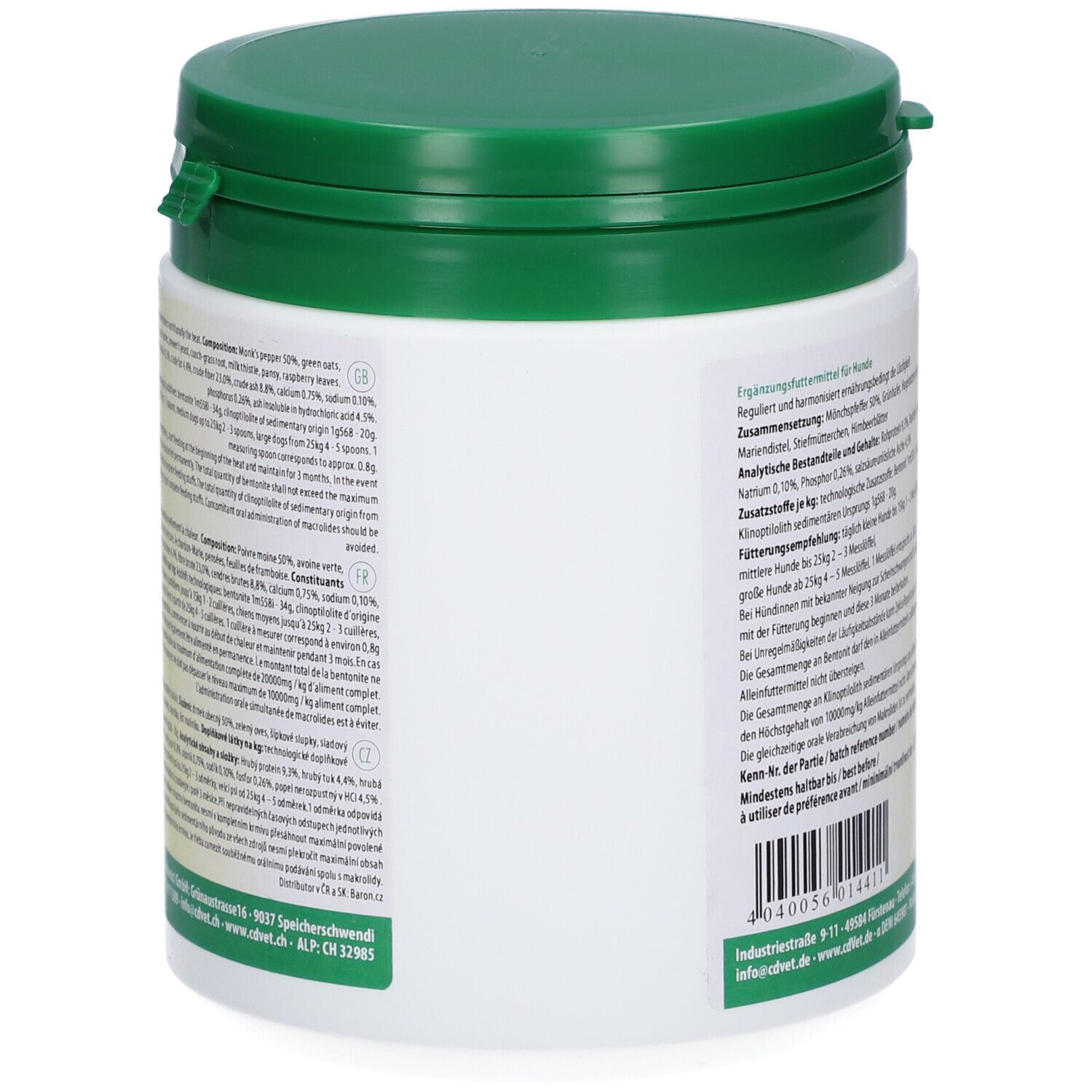 Achterkant van de pot. Tekst met ingrediënten en analyse. Fabrikantgegevens en batchnummer.