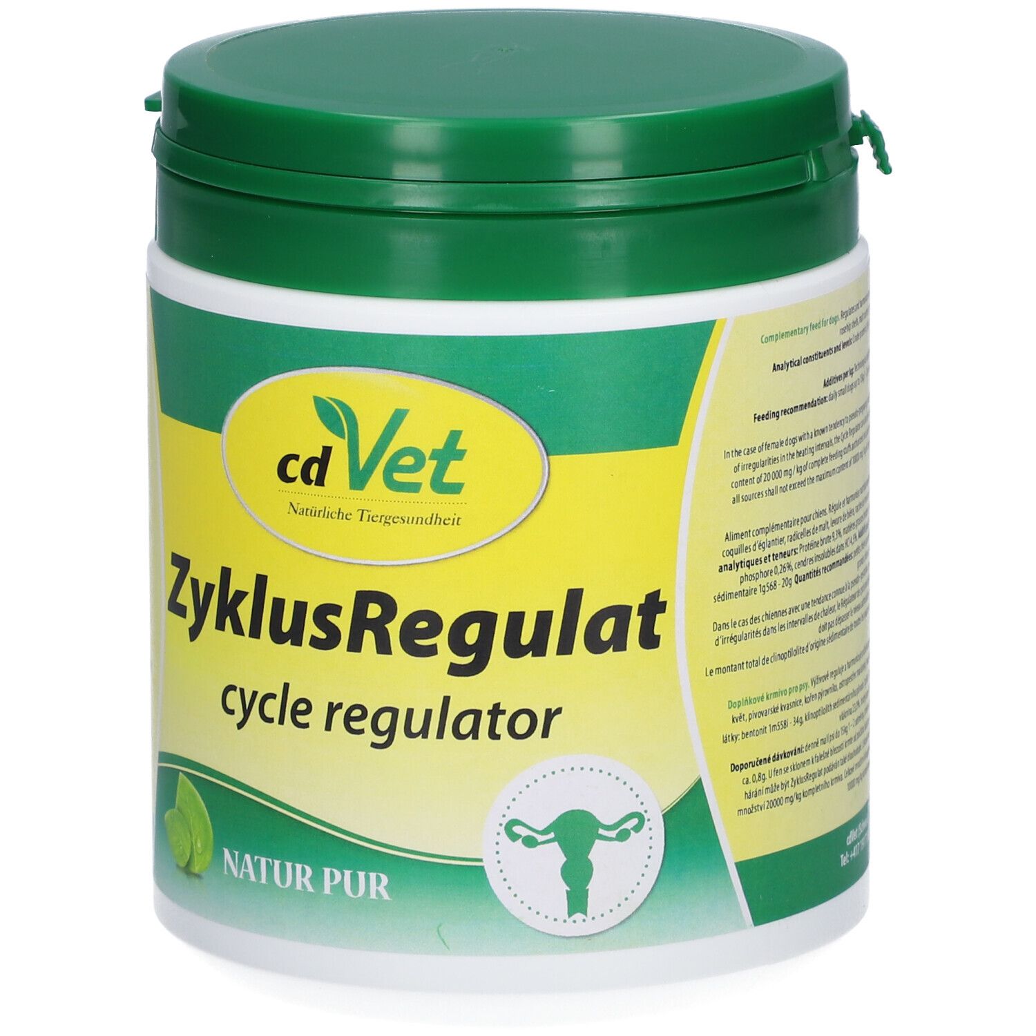 Wit en groene pot met groene deksel. Opschrift: cd Vet ZyklusRegulat, cycle regulator. Logo met baarmoeder.