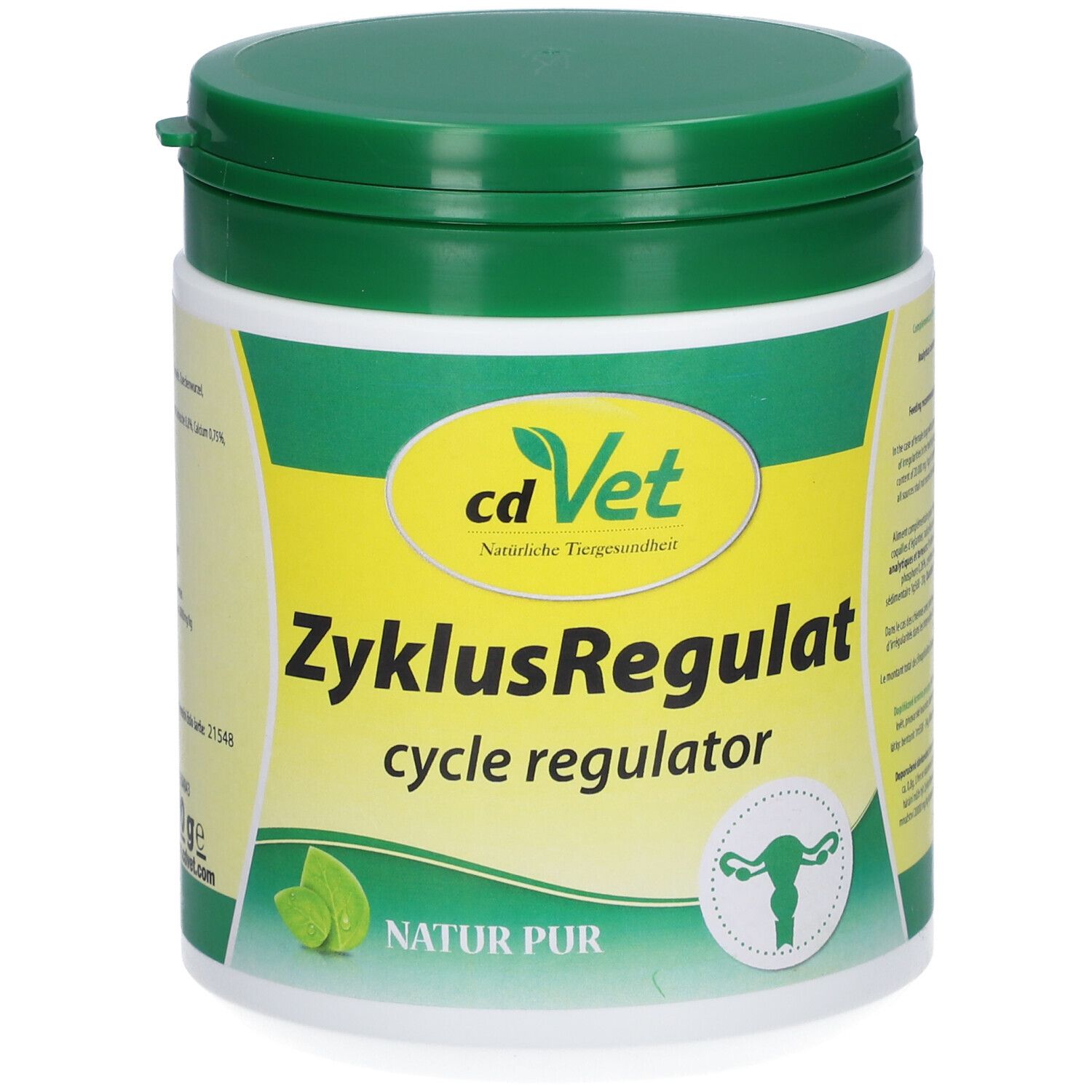 Wit en groene pot met groene deksel. Opschrift: cd Vet ZyklusRegulat, cycle regulator. Logo met baarmoeder.