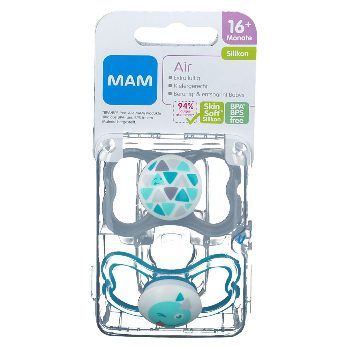 Deux sucettes en emballage plastique. Silicone, bleu et gris. Avec impression 'Air' et '16+ mois'.