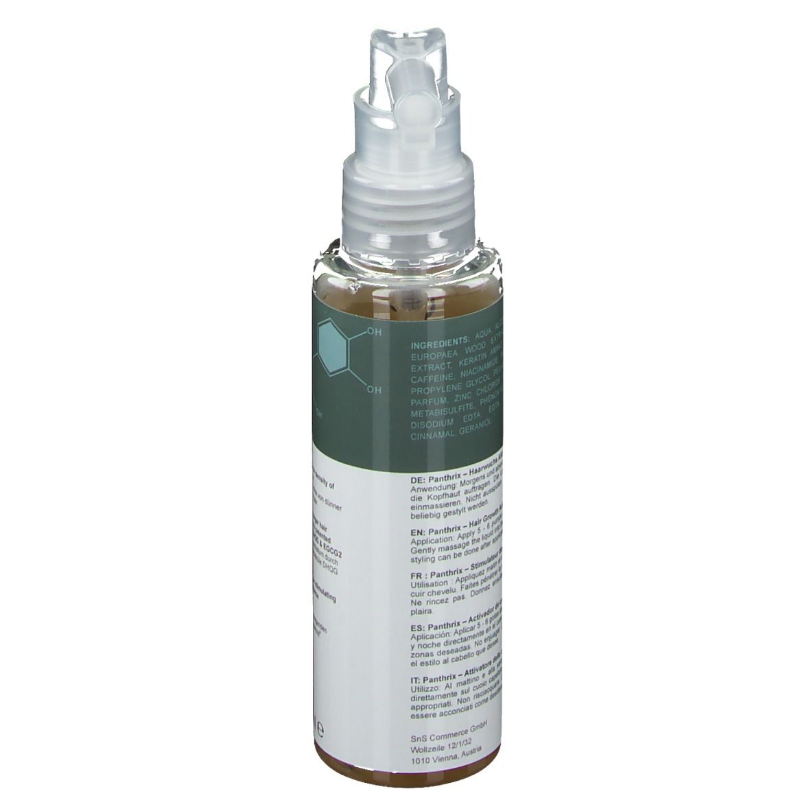 Bouteille avec distributeur à pompe, liquide clair, étiquette avec ingrédients et instructions.