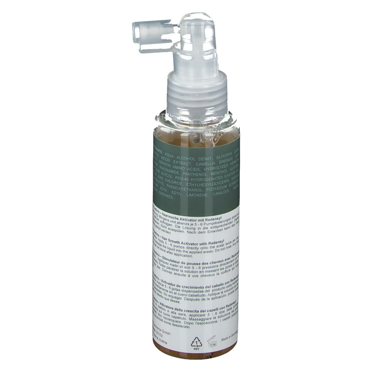 Flacon avec applicateur pour activateur de croissance capillaire. Contient un liquide clair.