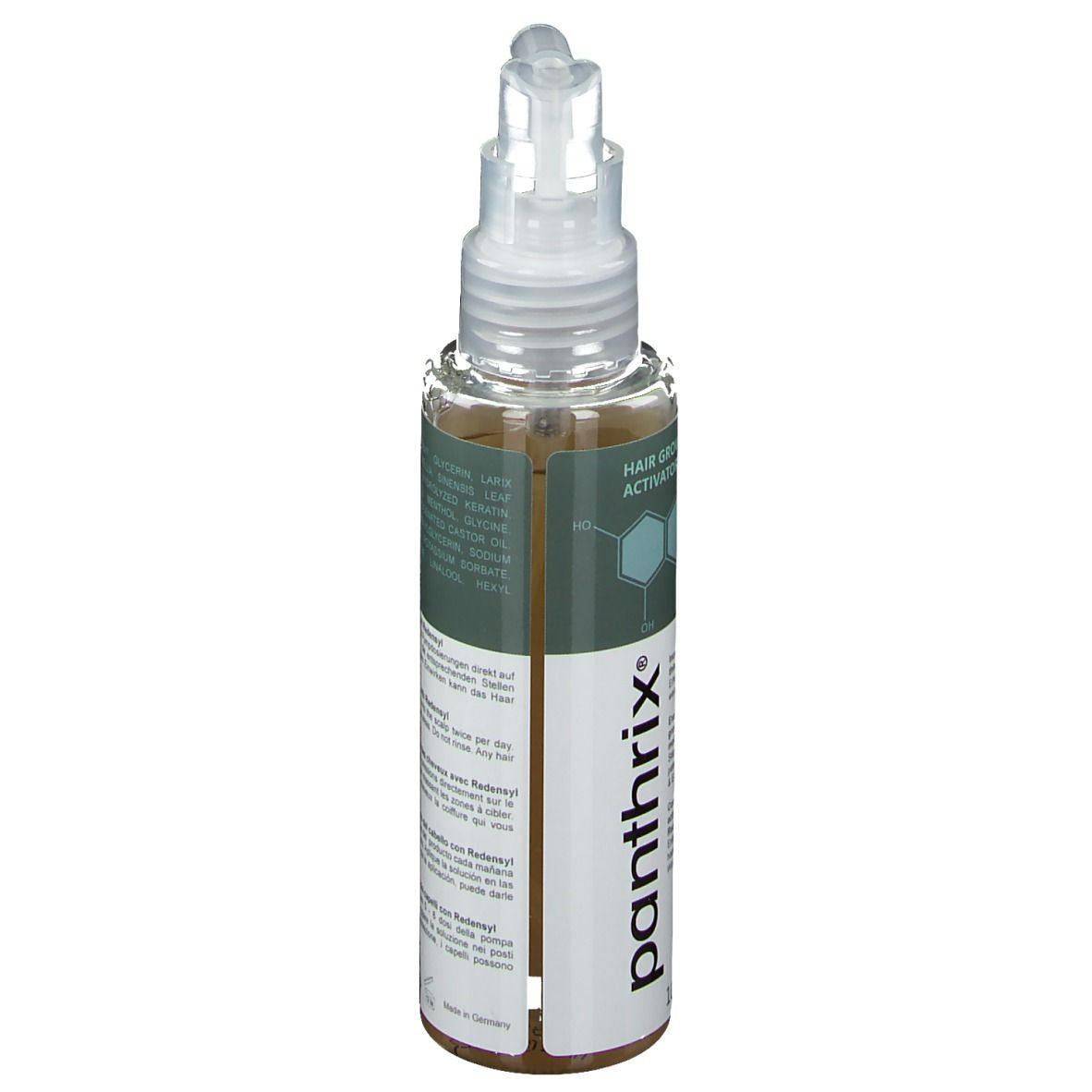 Flacon avec applicateur compte-gouttes, contient un liquide clair. L'étiquette indique "panthrix" et "HAIR GROWTH ACTIVATOR".