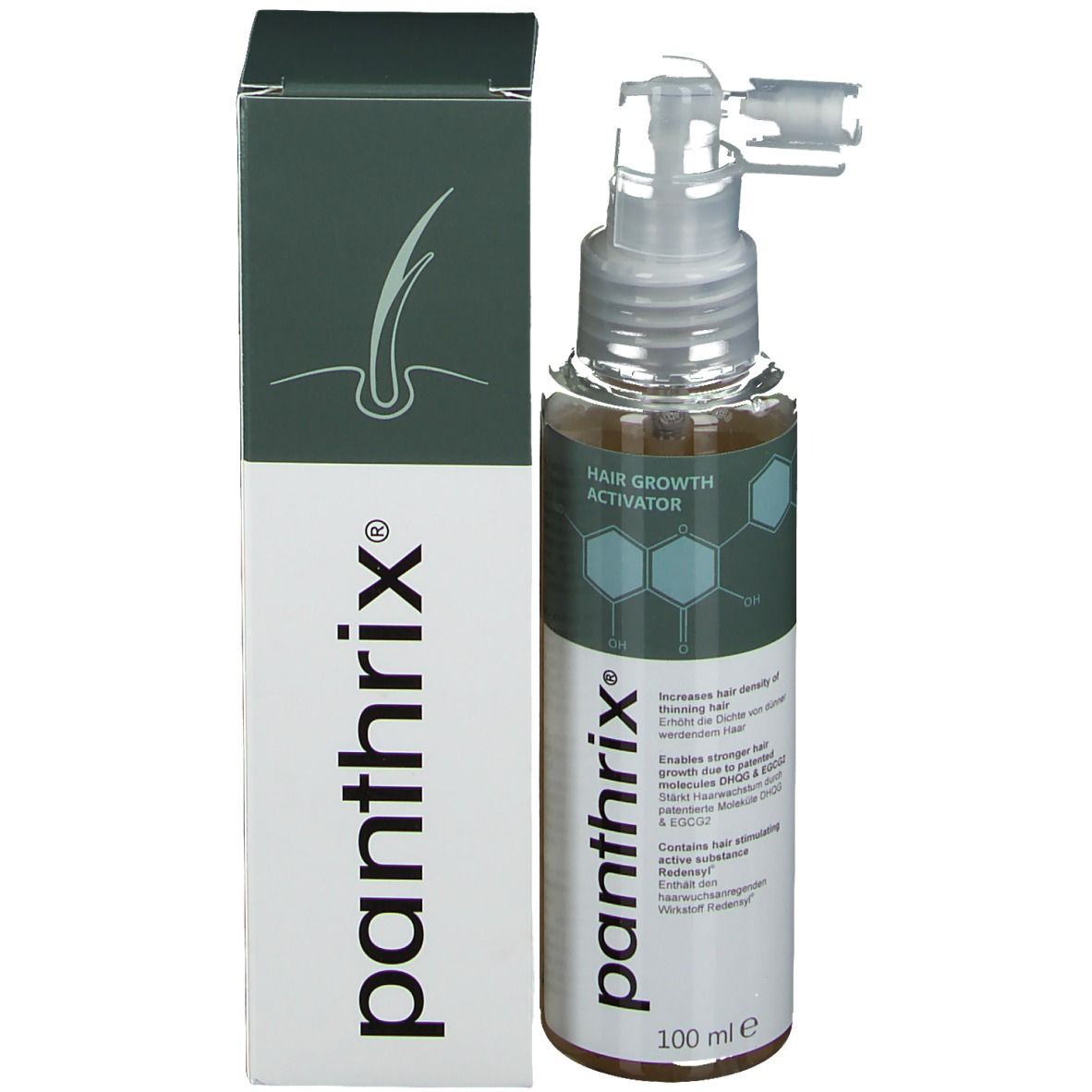 Panthrix activateur de croissance capillaire, flacon avec applicateur et emballage.