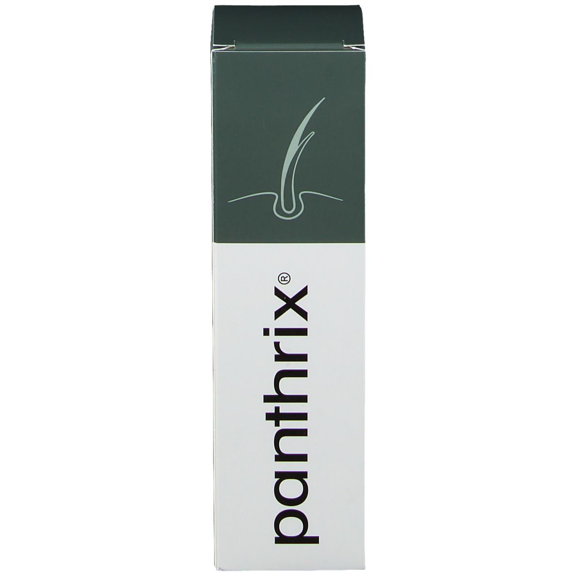 Boîte blanche avec bande vert foncé et symbole de cheveux. Inscription "panthrix".