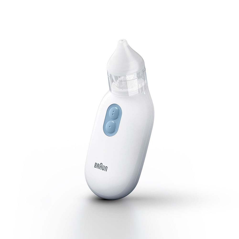 Aspirateur nasal blanc avec boutons bleus. Marque Braun. Embout et boutons en plastique transparent.