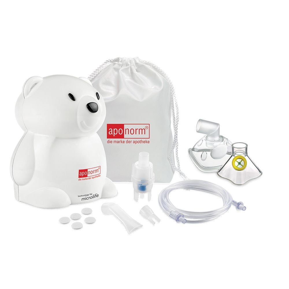 Verpakking van de aponorm Compact KIDS inhalator. Witte beer-inhalator. Tekst: Compressor-inhalator voor kinderen en volwassenen.