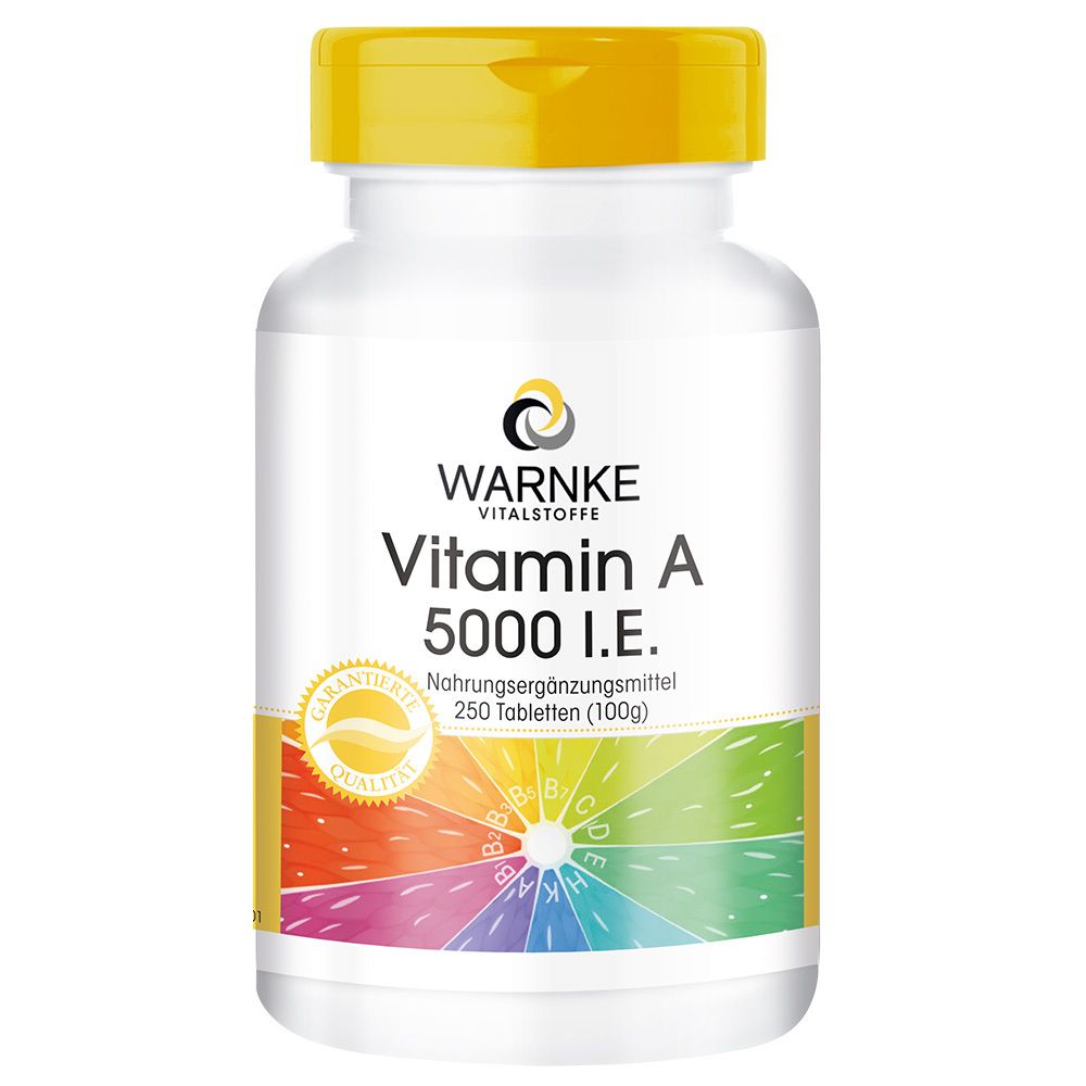 Witte fles met gele dop. Opschrift: Warnke Vitamine A 5000 IE. Voedingssupplement. 250 tabletten.