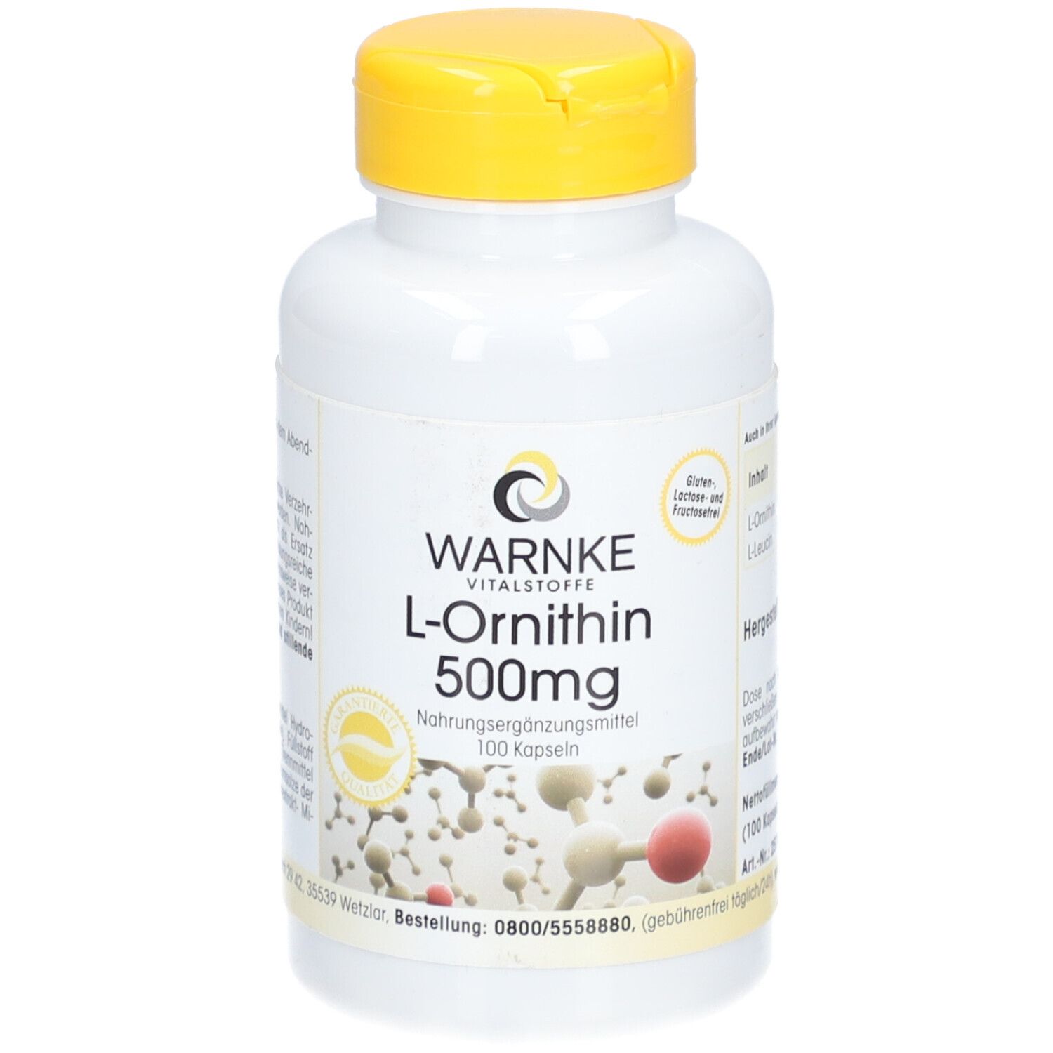 Flacon blanc à bouchon jaune. Inscription : WARNKE L-Ornithine 500mg. 100 gélules. Complément alimentaire.