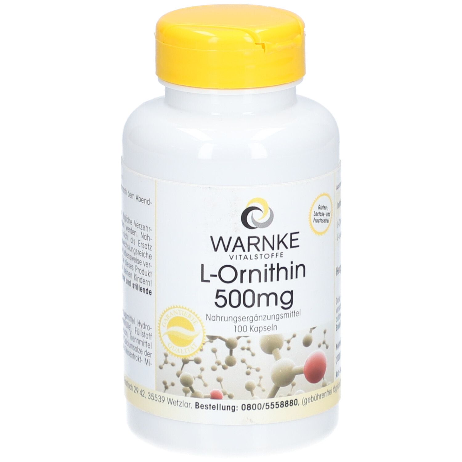 Flacon blanc à bouchon jaune. Inscription : WARNKE L-Ornithine 500mg. 100 gélules. Complément alimentaire. Graphique moléculaire.