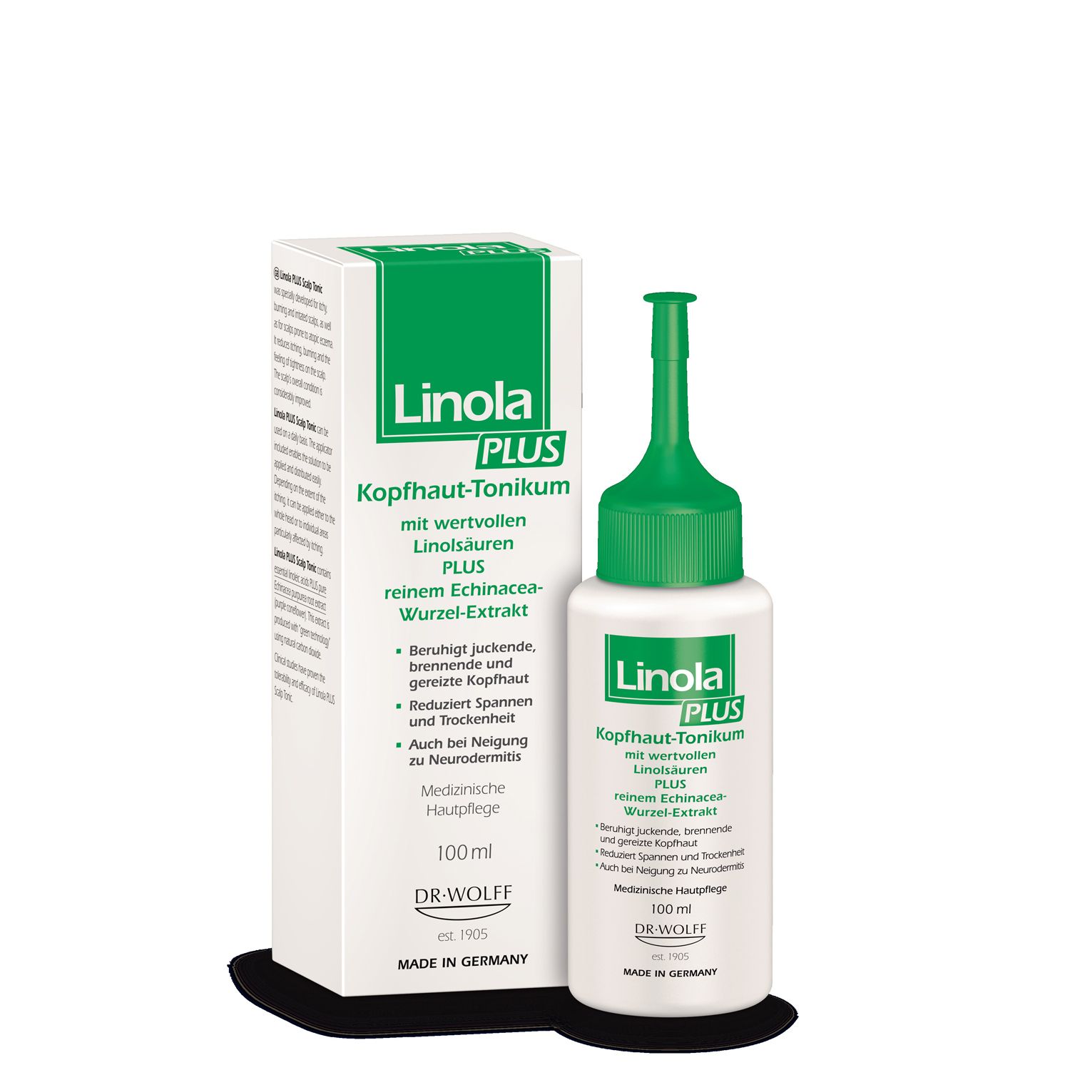 Linola PLUS Tonique cuir chevelu en flacon de 100ml avec applicateur. Boîte en carton à côté.