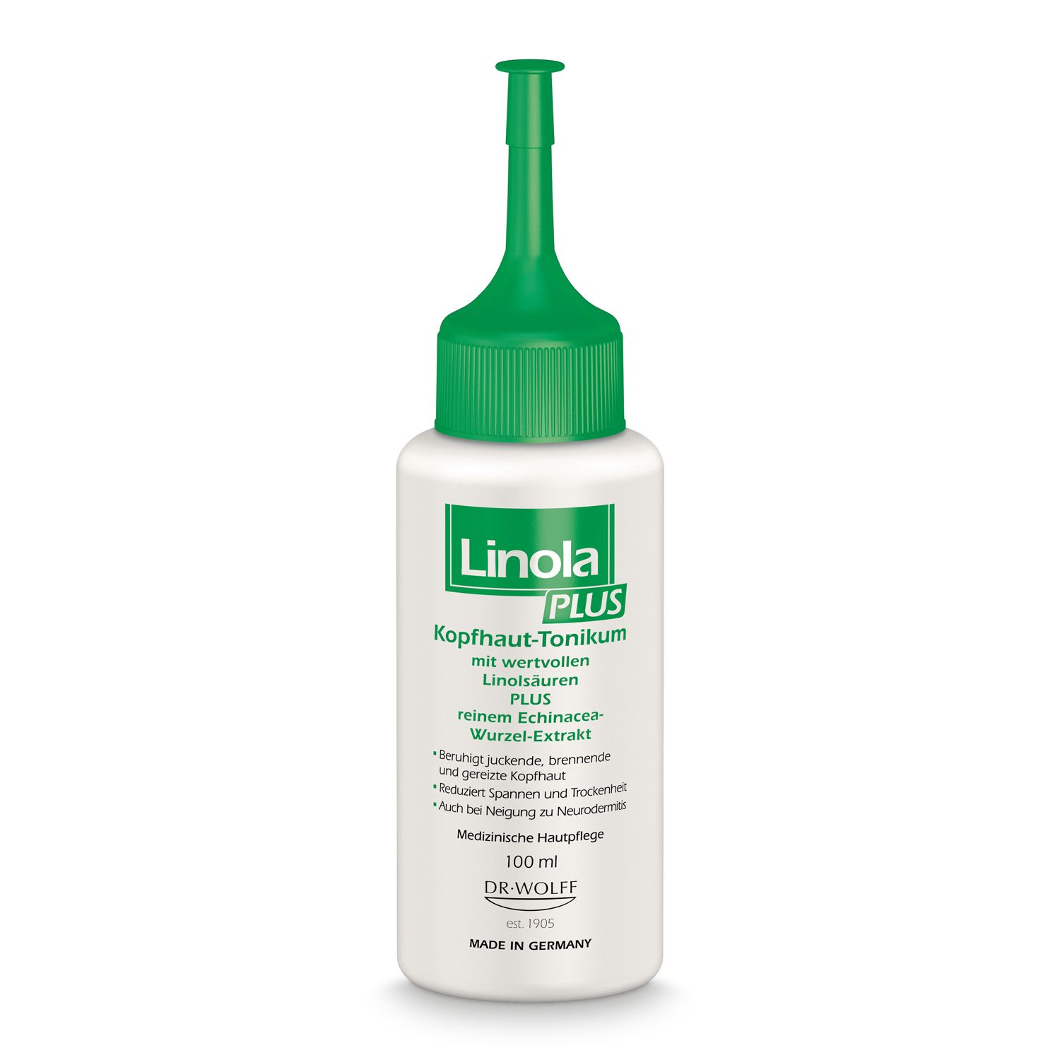 Tonique pour cuir chevelu Linola PLUS dans une bouteille blanche avec applicateur vert. 100 ml.