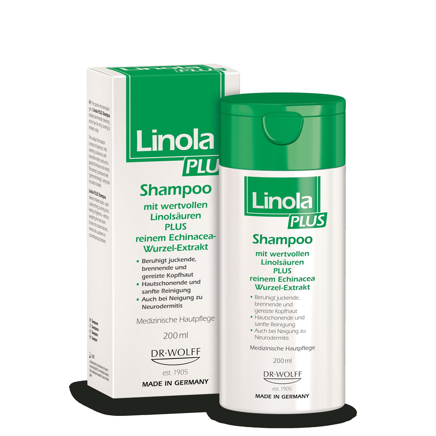 Flacon et emballage de shampooing Linola PLUS. Vert et blanc. Texte : Shampooing, acides linoléiques, extrait de racine d'échinacée. Soin médical de la peau.