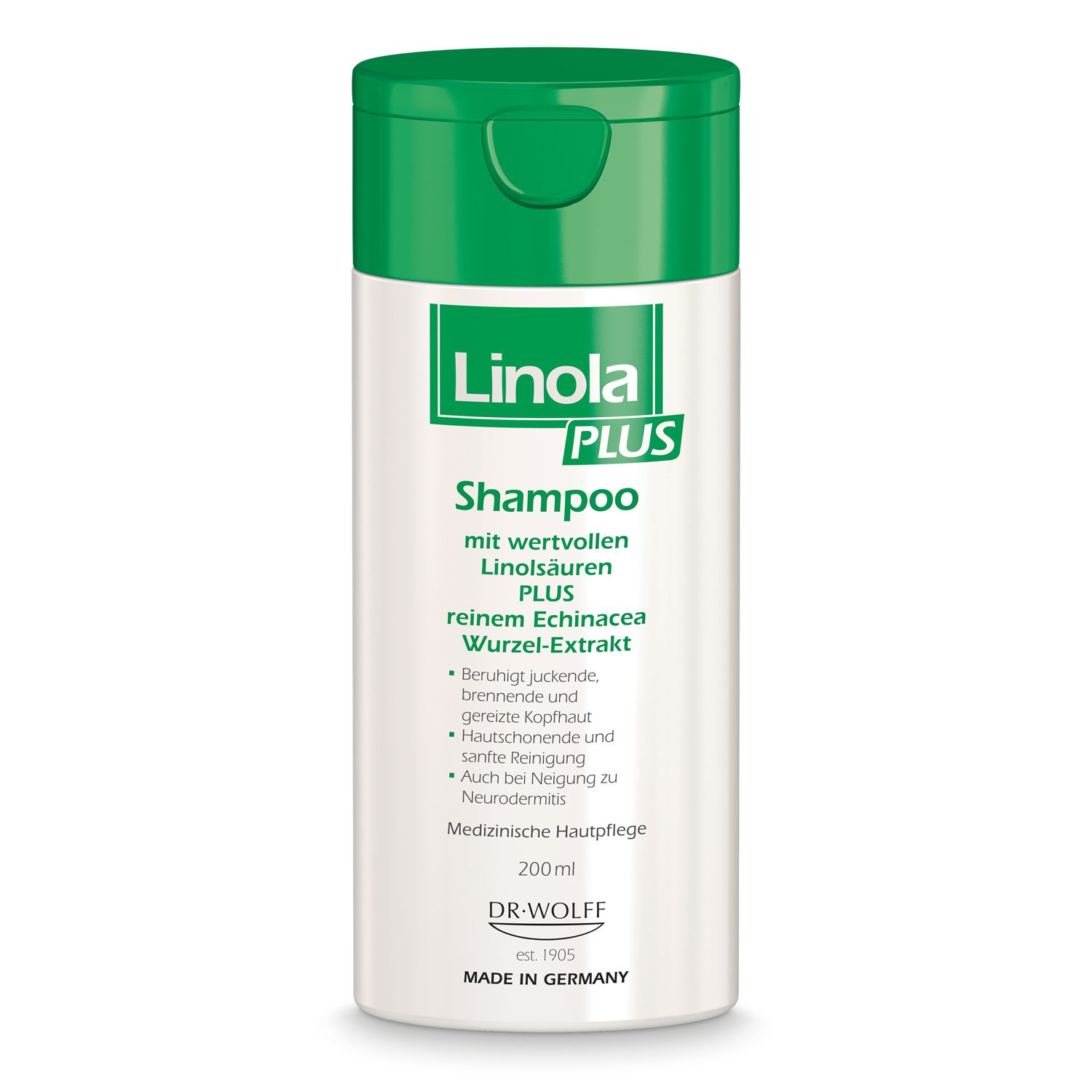 Flacon de shampooing Linola PLUS. Blanc avec couvercle vert. Texte : Shampooing, acides linoléiques, extrait de racine d'échinacée. Soin médical de la peau.