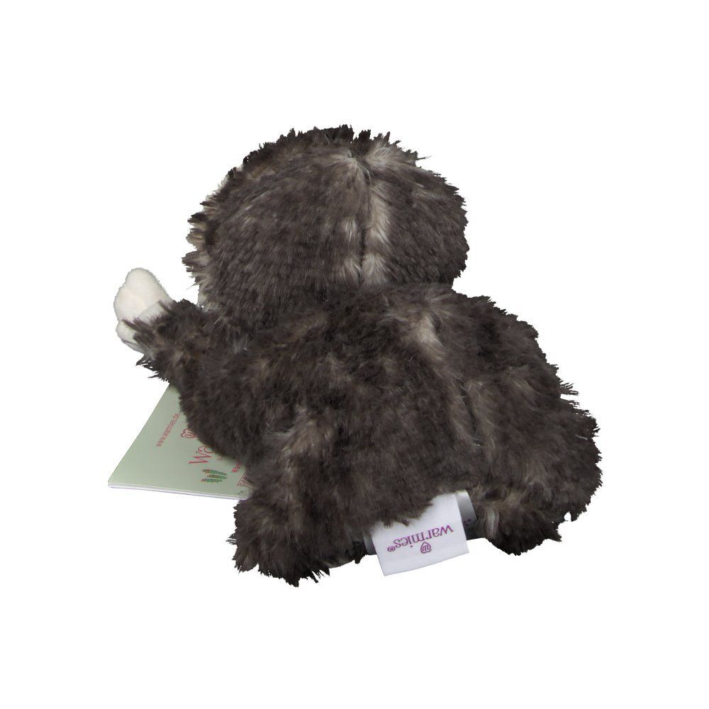Vue arrière d'une peluche paresseux grise. Étiquette blanche avec logo visible.