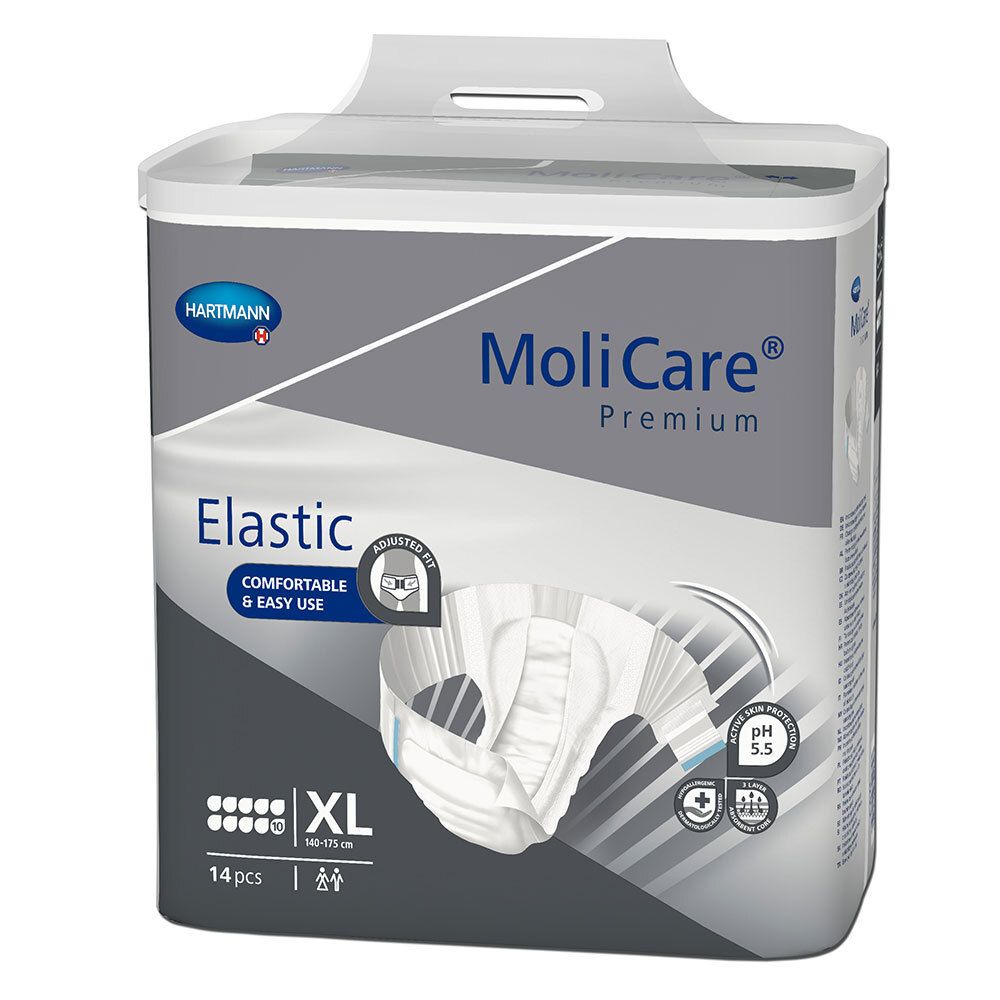 Hartmann MoliCare® Premium Elastic. Couches XL, 14 pièces. Emballage avec illustration du produit, pH 5,5. Confortable et facile à utiliser.