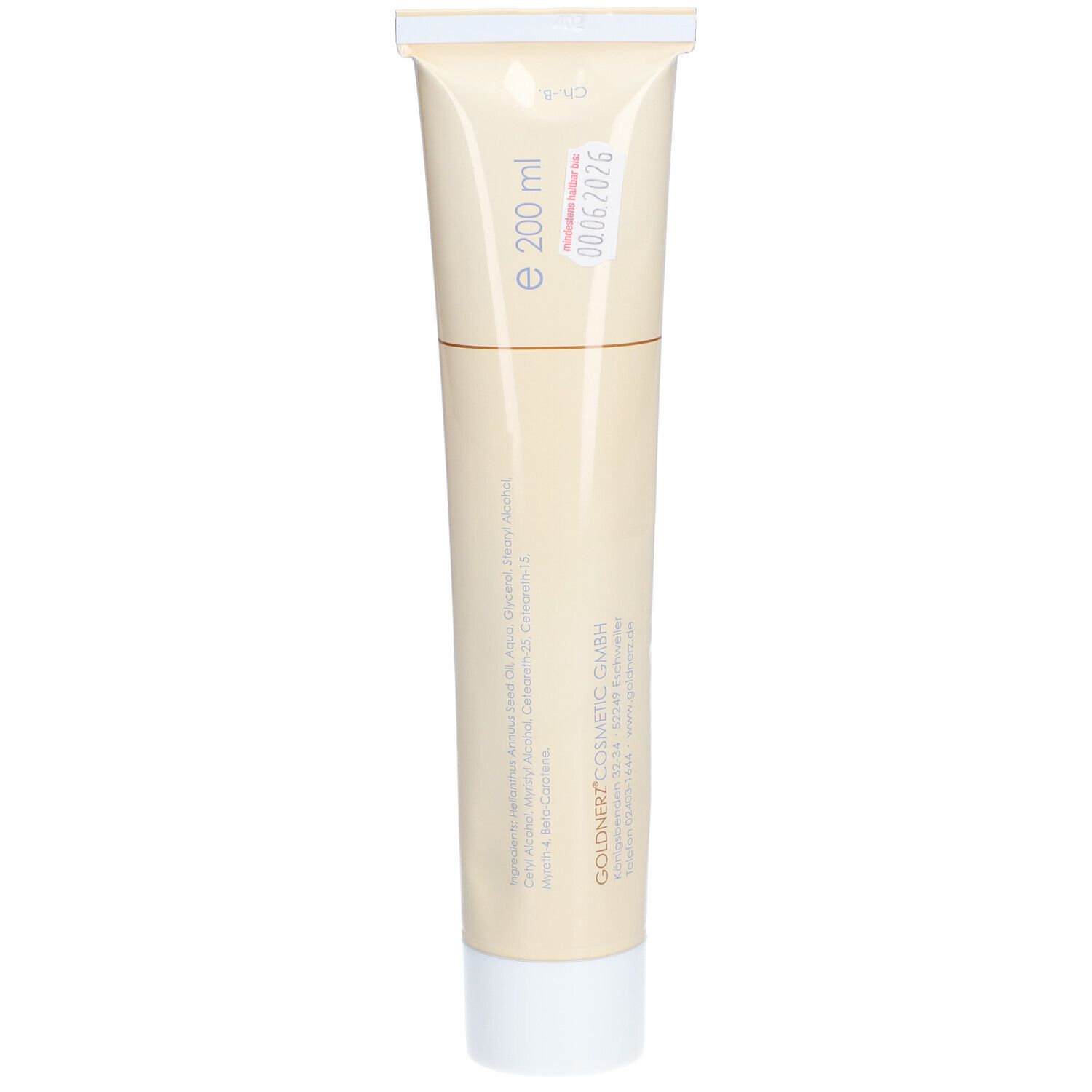 Beige tube met witte dop. Opdruk: e 200 ml, GOLDNERZ COSMETIC, Pflegecreme ohne Duftstoffe. Sticker met cijfers.