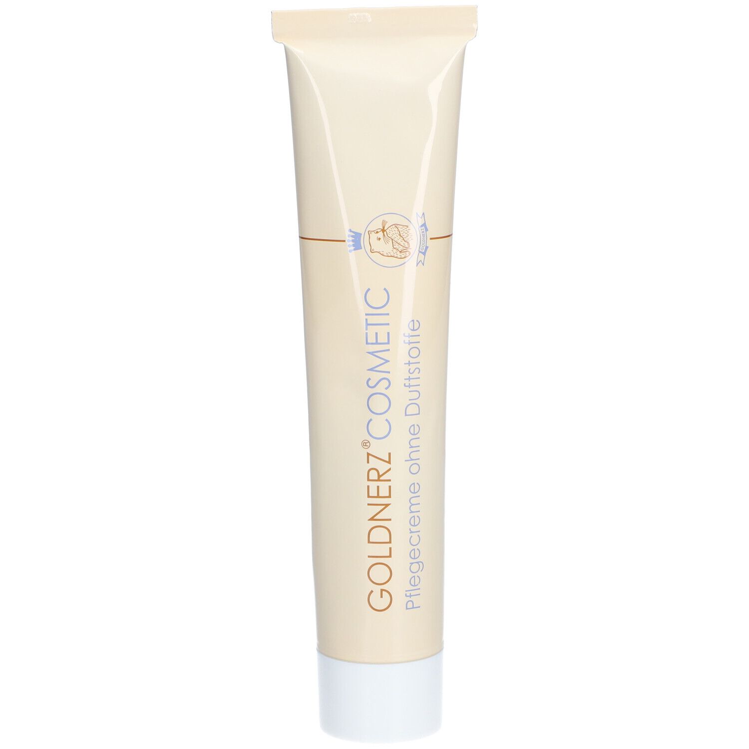Beige tube met witte dop. Opdruk: GOLDNERZ COSMETIC, Pflegecreme ohne Duftstoffe. Logo met bloem.