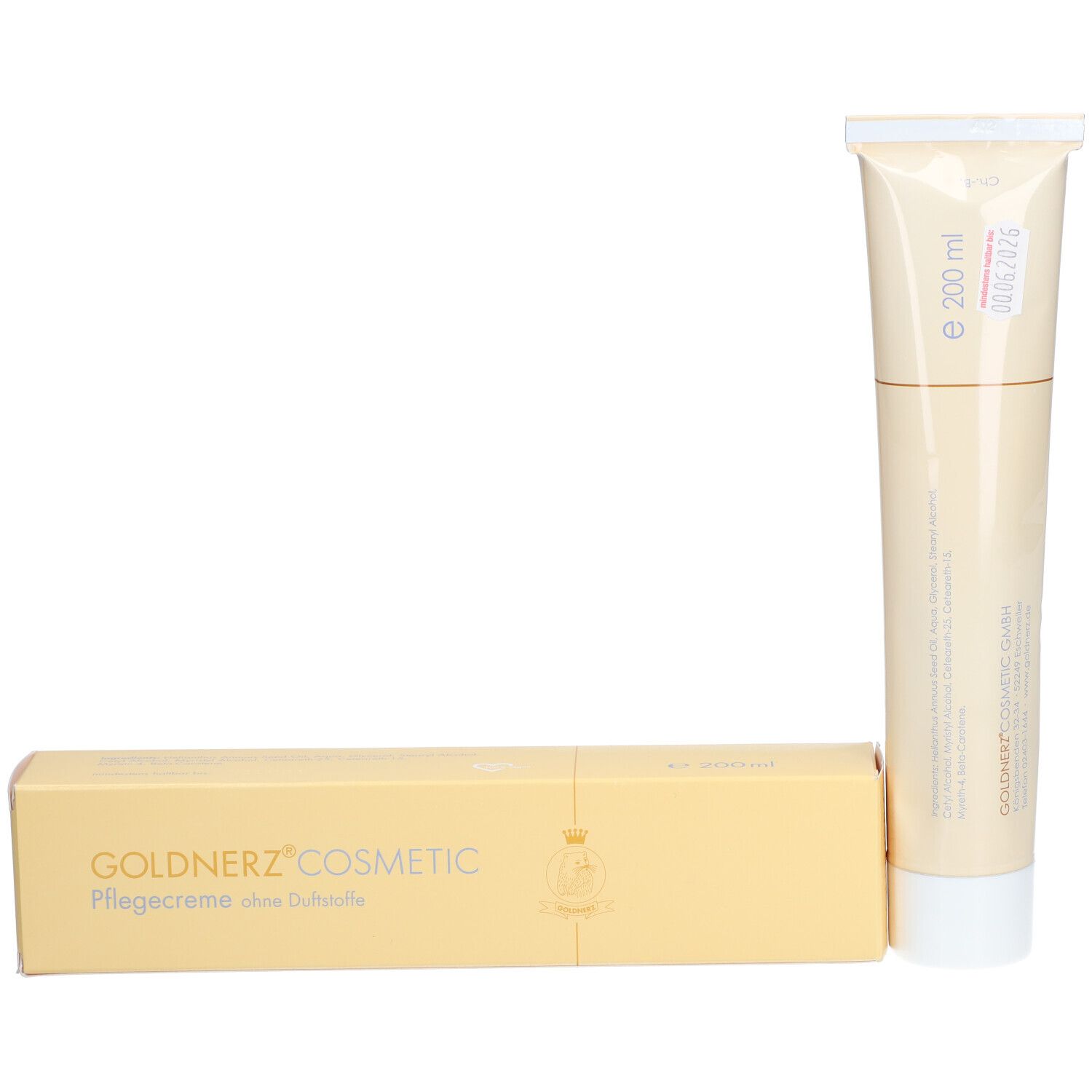 Beige tube en doos. Opdruk: GOLDNERZ COSMETIC, Pflegecreme ohne Duftstoffe. Doos met logo en opdruk e 200 ml.