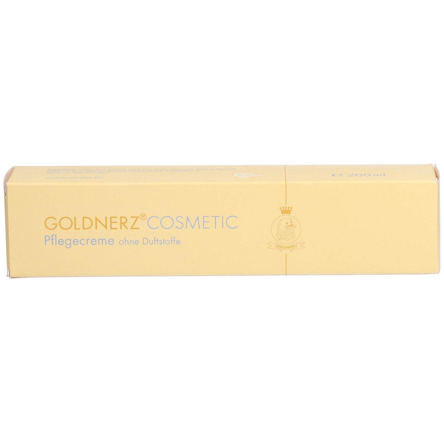 Beige doos met opdruk: GOLDNERZ COSMETIC, Pflegecreme ohne Duftstoffe. Logo en belettering.