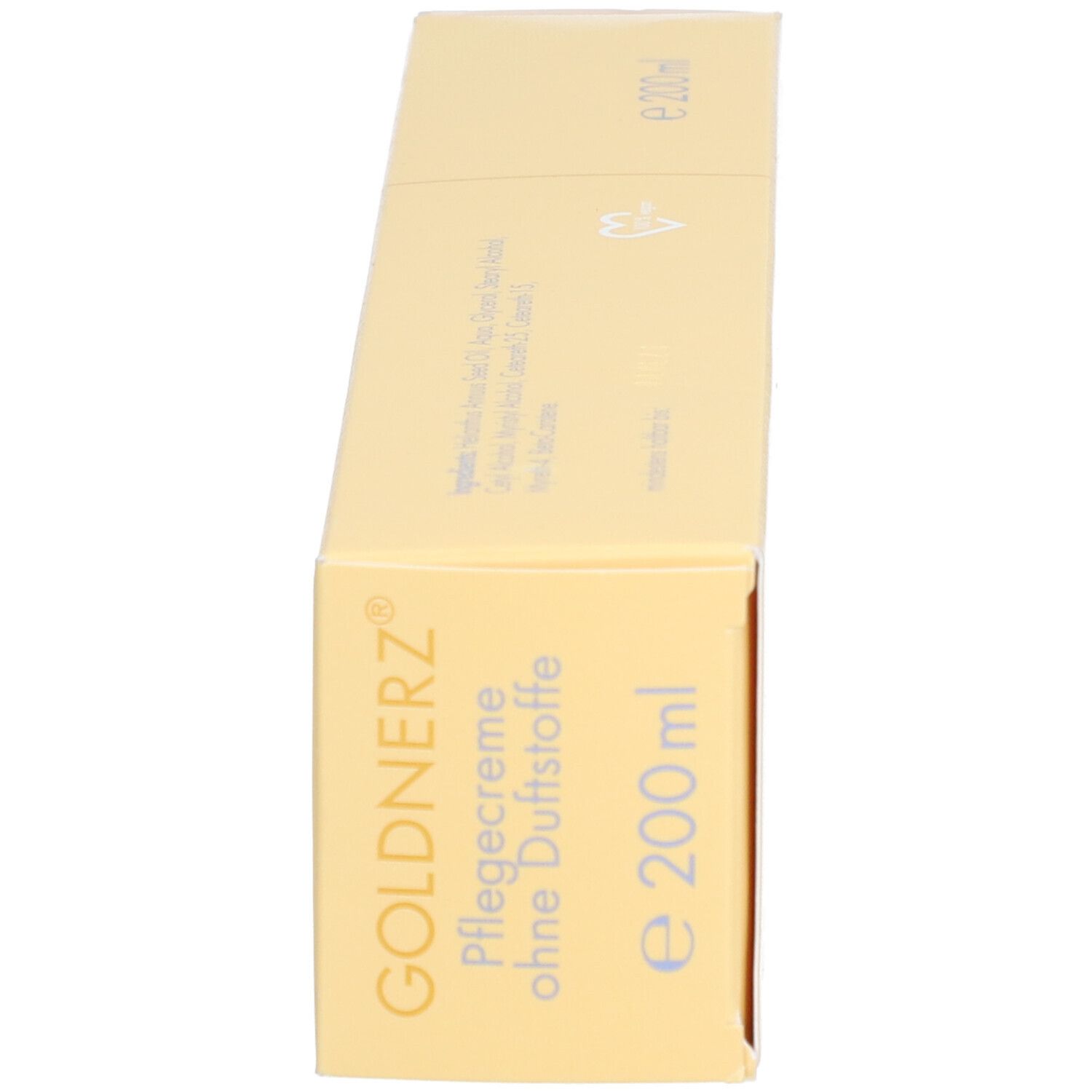 Doos van bovenaf. Opdruk: GOLDNERZ, Pflegecreme ohne Duftstoffe, e 200 ml. Logo.