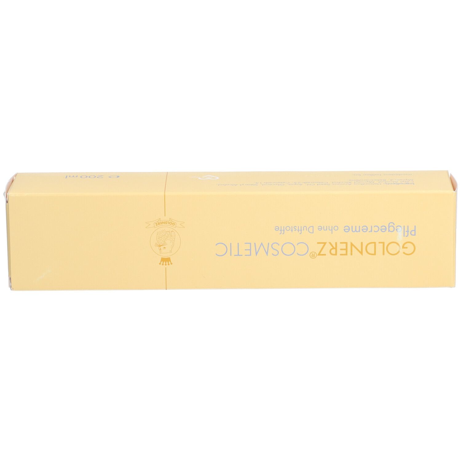 Doos. Opdruk: GOLDNERZ COSMETIC, Pflegecreme ohne Duftstoffe. Logo en belettering.